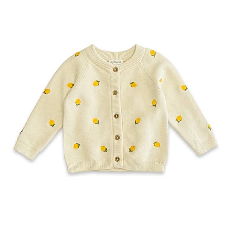 Organic Sweet Cream Lemon Embroidered Knit Baby Cardigan 0-3m