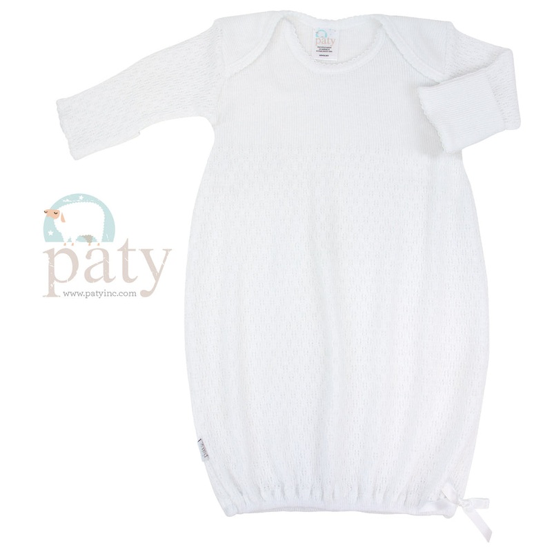 Knit Overlap Shoulder Gown – White Trim & Bow NB