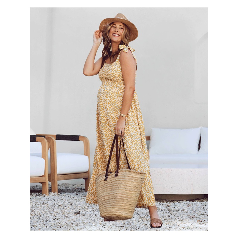 Chelsea Maternity Ruffled Maxi Dress – Yellow Animal Print S
