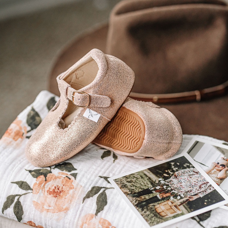 Rose Gold Sparkle T-Bar Moccasin with Anti-Slip Sole 2 (0-6m)