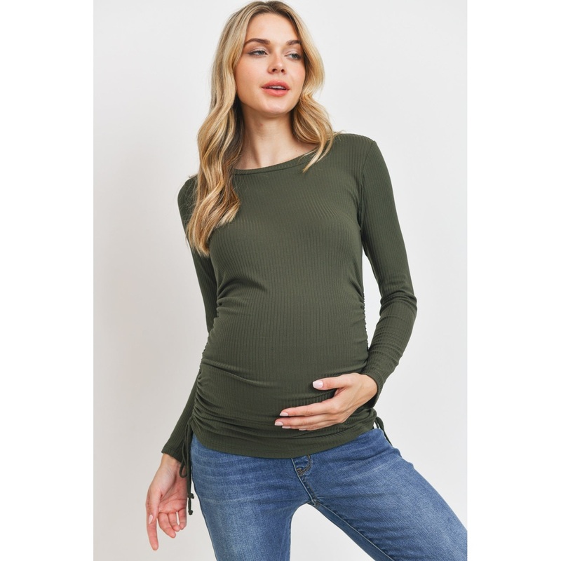 Long Sleeve Adjustable Drawstring Ribbed Maternity Top – Olive S