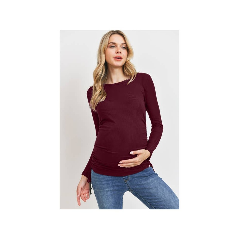 Long Sleeve Adjustable Drawstring Ribbed Maternity Top – Burgundy S