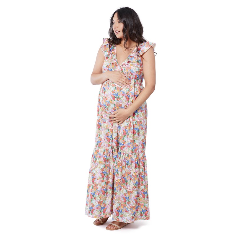 Maternity Ruffle Sleeve Tiered Maxi Dress S