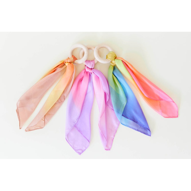 Natural Baby Teether – 100% Mulberry Silk and Maple Ring Various Colors Blossom