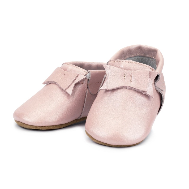 Leather Bow Moccasins – Pink Shimmer 6m