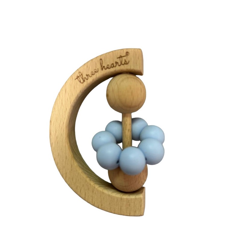 Moon Rattle – Beechwood & BPA Free Silicone – Various Colors Baby Blue