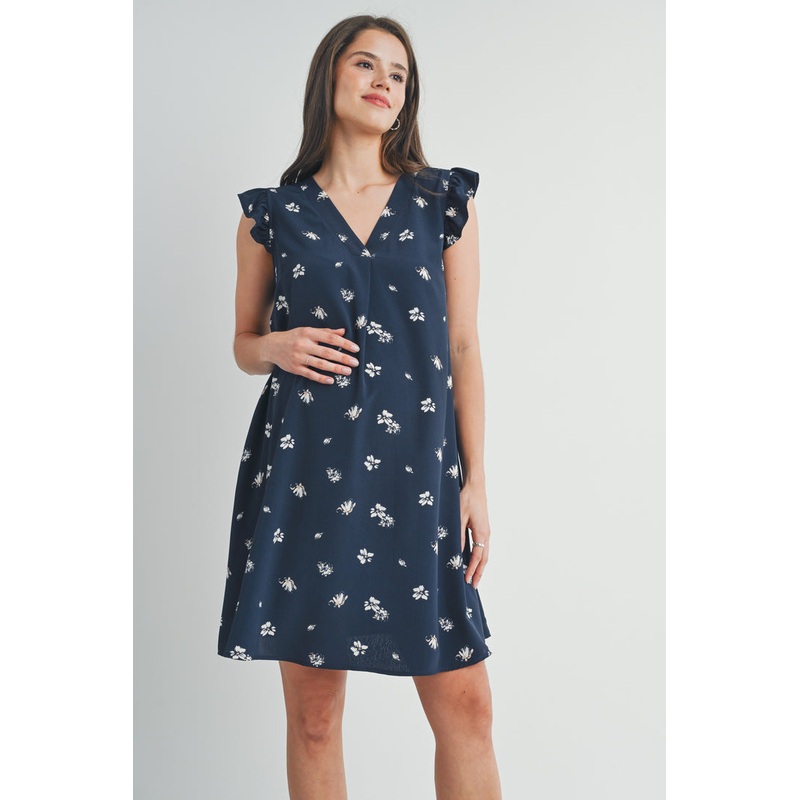 Floral Ruffle Cap Sleeve Maternity V-Neck Dress – Navy S